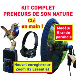 Kit complet pour preneur de son nature : micro grande parabole + enregistreur + casque + pare-vent
