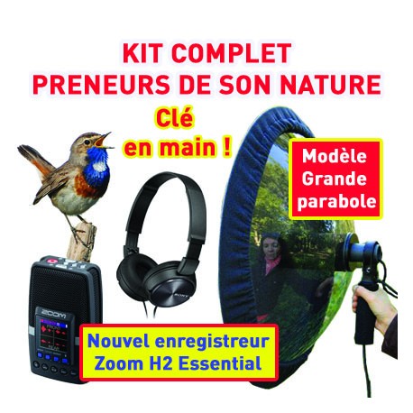 Kit complet pour preneur de son nature : micro grande parabole + enregistreur + casque + pare-vent