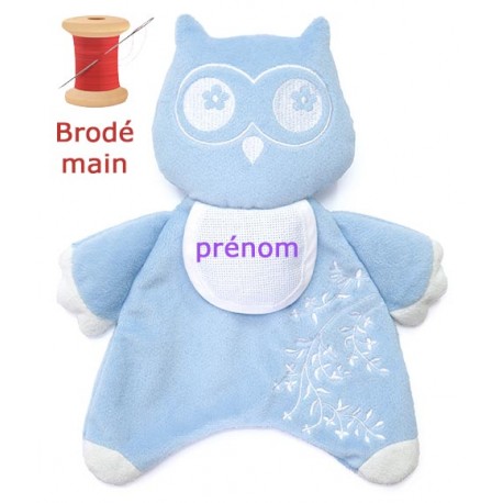 Doudou Chouette Bleu brodé